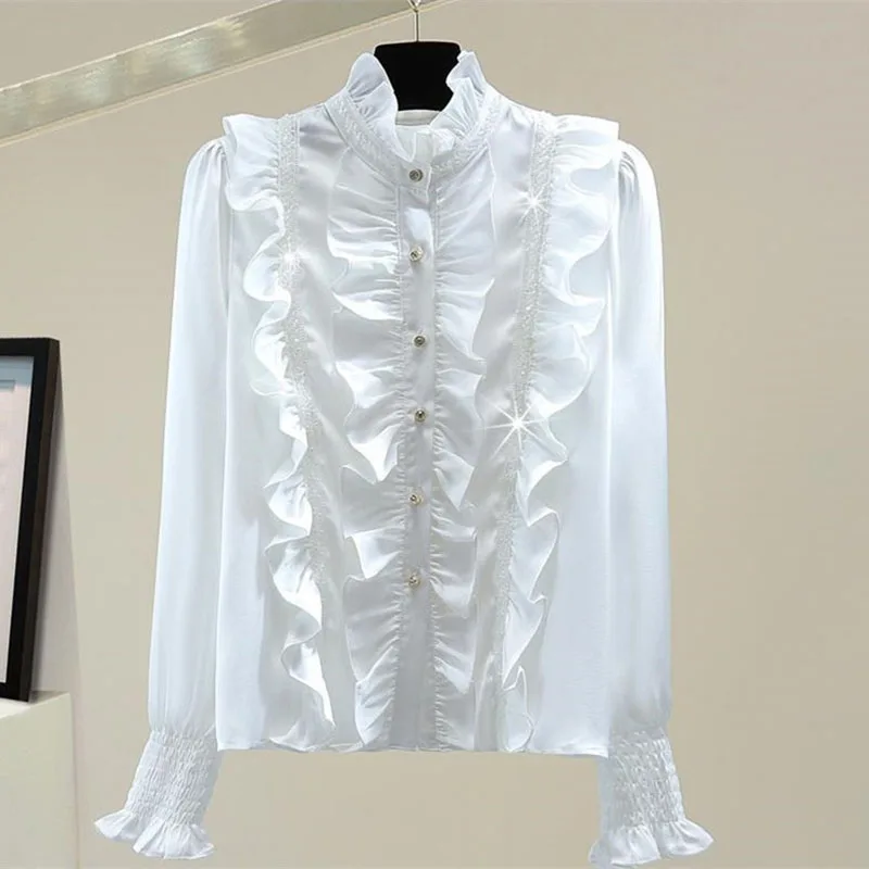 

Heavy Industry Dingzhu Inlaid Diamond White Shirt Women's Blouse 2024 NEW Spring Summer Autumn Ruffle Edge Casual Shirt Female