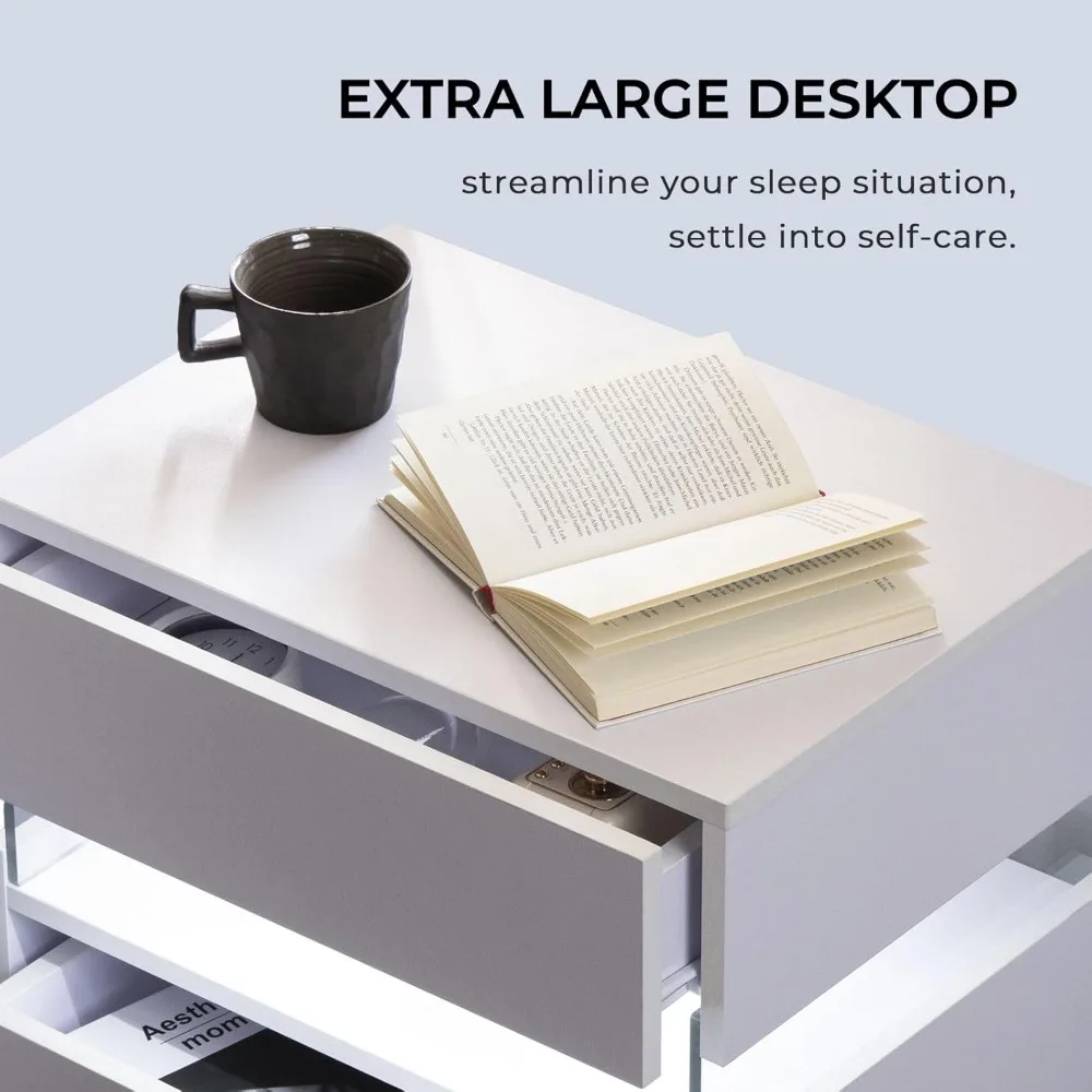 Night Stand Set 2 White Nightstand Set of 2 with 3 Drawers LED Night Stands for Bedrooms Set of 2 Modern White Night Stand