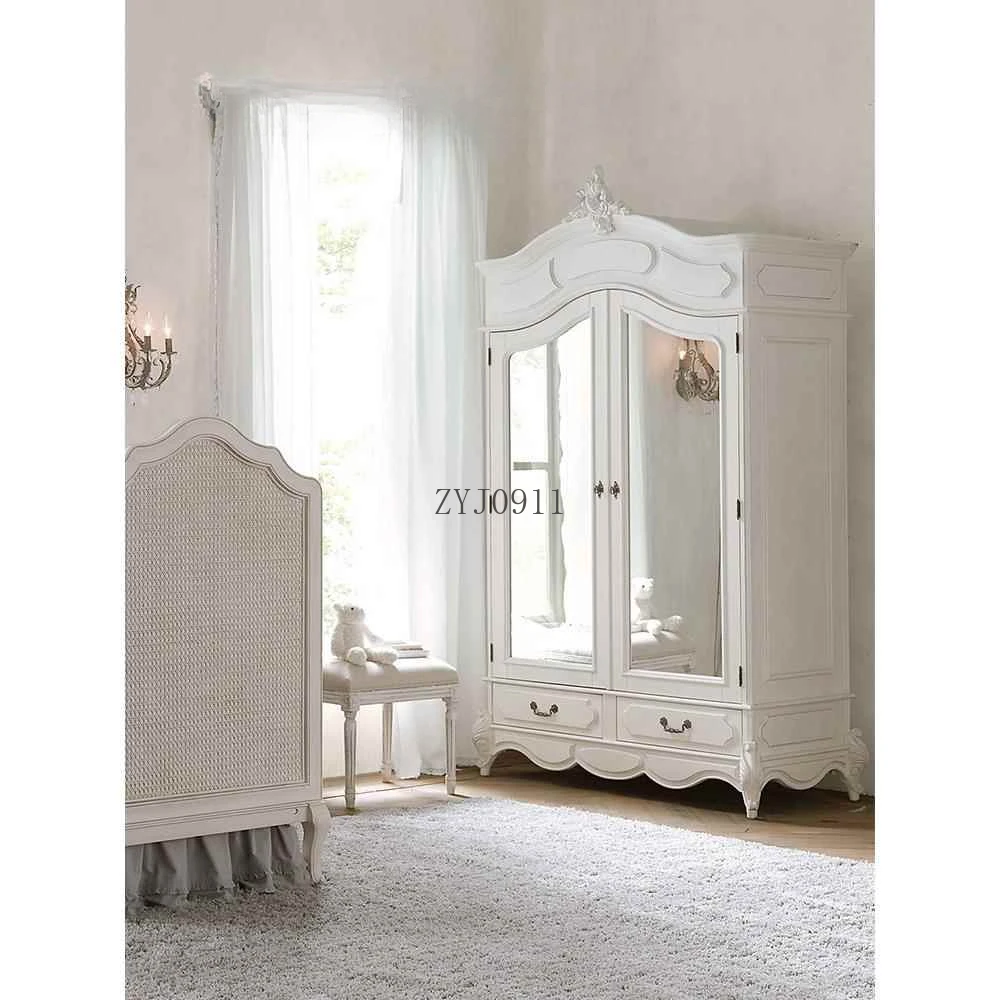 **French Solid Wood Wardrobe Home Bedroom Children's Double Door Drawer Wardrobe American White Girl Room Small Storage