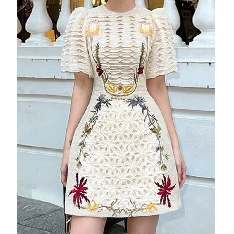 

Винтажное летнее платье, женское кружевное льняное облегающее платье с цветочной вышивкой, элегантное платье с коротким рукавом, высокой талией и круглым вырезом, женское платье