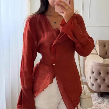 Cotton Linen Chic Long Sleeve Shirt Designers Flattering Stylish Casual Female Summer Tops Trendy Fashion Women's Streetwear 1