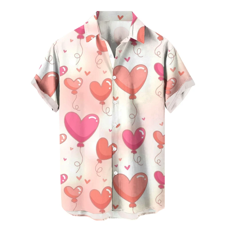 thumbnail image 1 of Camisa casual de moda para hombre con estampado 3D de patrón de amor y solapa estilo hawaiano, manga corta, ropa de playa transpirable, 1 of 5