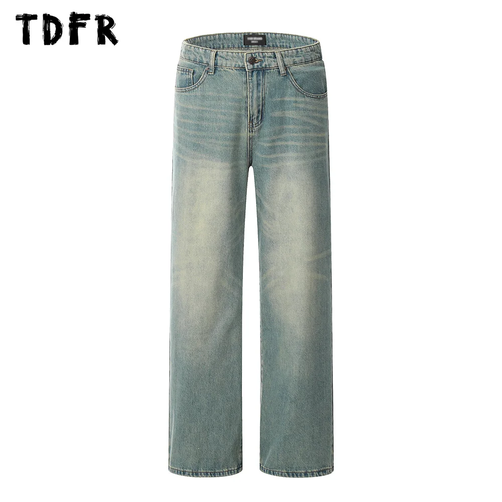 

Washed Distressed Denim Pants Mens Retro Streetwear Loose Casual Wide Leg Straight Jeans Men Trousers