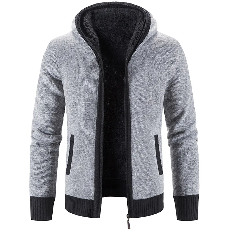 

Men's Hooded Cardigan Sweater New Fleece Thickened In Winter Stand Collar Knitwear Jacket Zipper Casual Male Clothing Sweaters