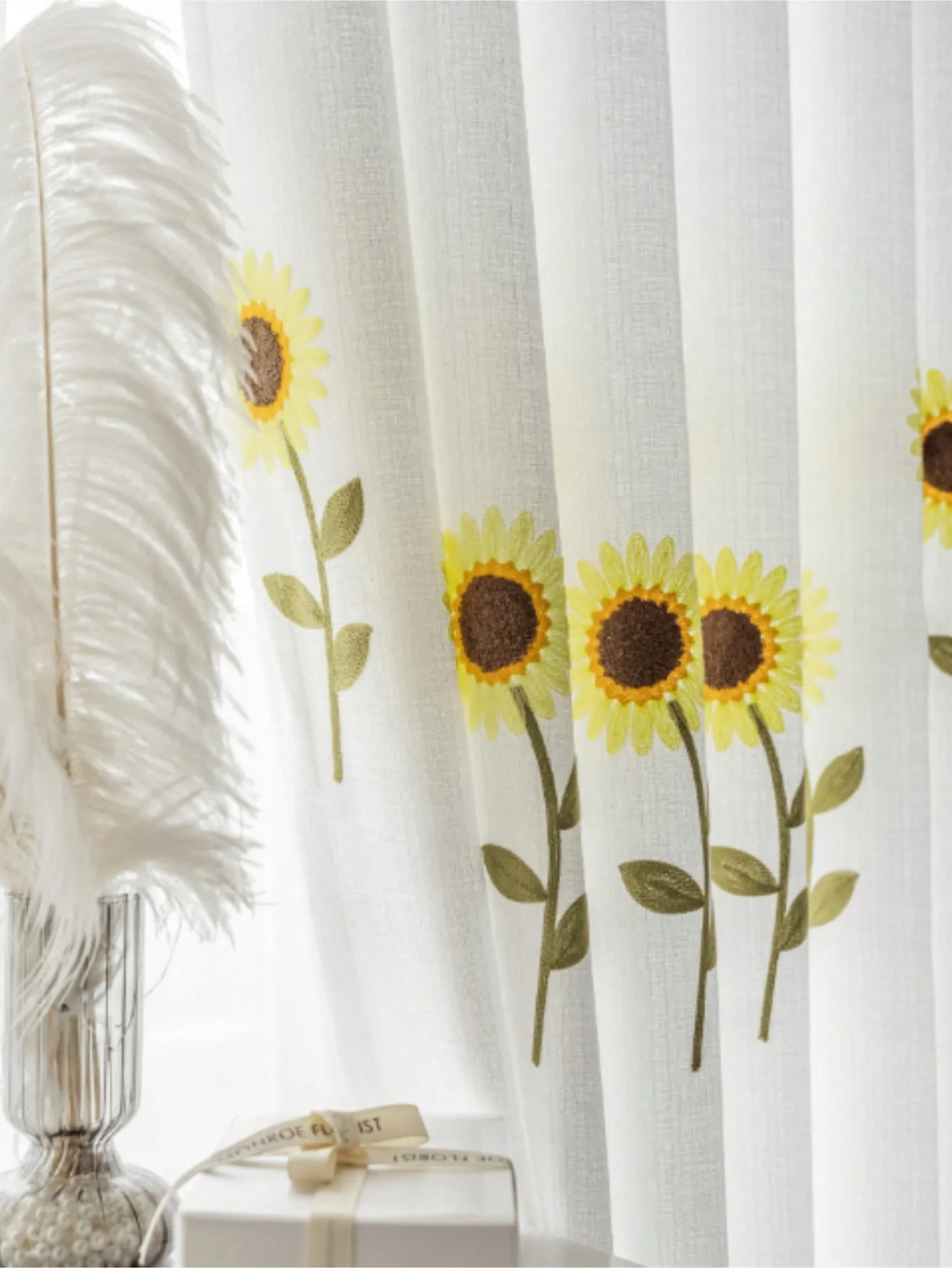 Korean Garden Sunflower Curtains Thicken Ins Embroidered White Sheer Curtain for Living Room Balcony Room Curtains Finished 5