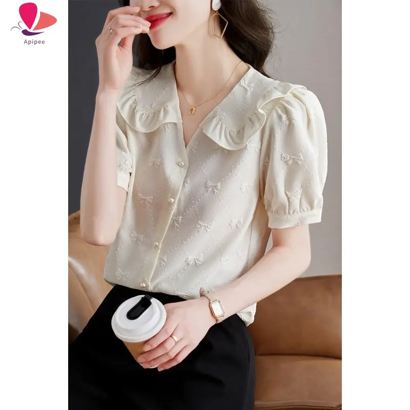 

APIPEE Summer New Women's Blouses Korean Peter Pan Collar Female Elegant Sweet Bow Short Puff Sleeve Solid Tops