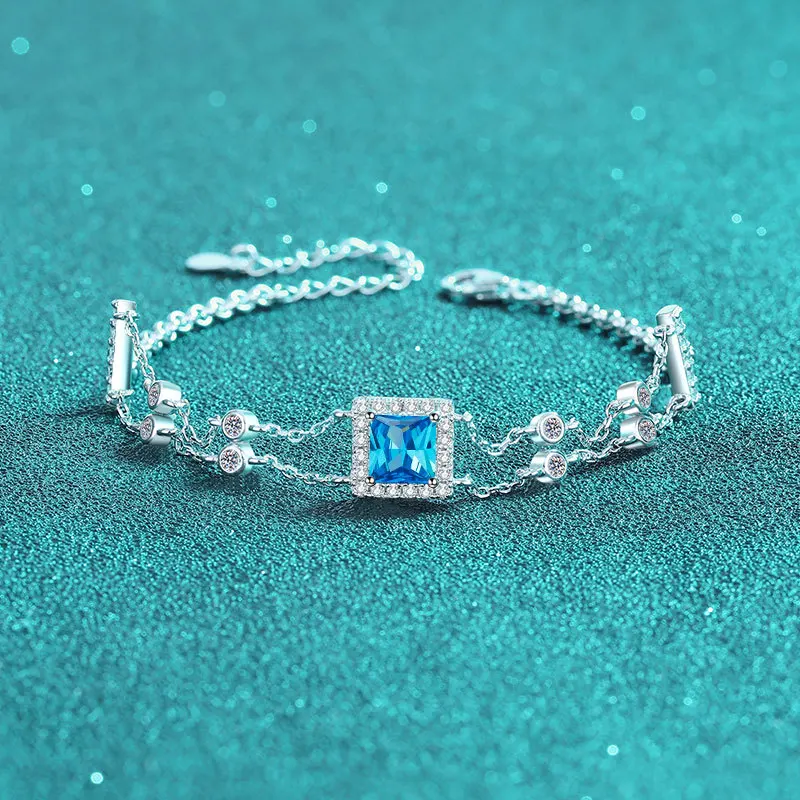 

Sterling Silver Inlaid Blue Moissanite Bracelet lujo pulsera plata pandora bracelet bangles brazaletes de plata 925 bracelets