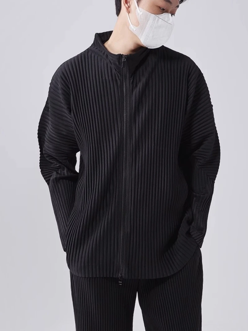 Miyake Plisse Man Zip-up Pleated Casual Cardigan Street Fashion Coat Front two-way Zip Turtleneck Jacket