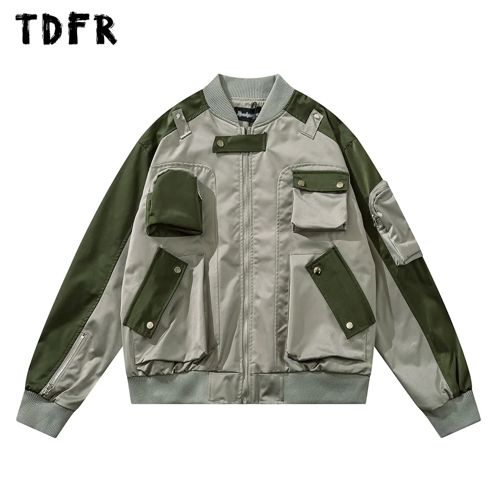 

Multi-Pocket Contrast Paneled Cargo Jacket Mens Autumn Casual Loose Stand Collar Long Sleeve Outerwear Men