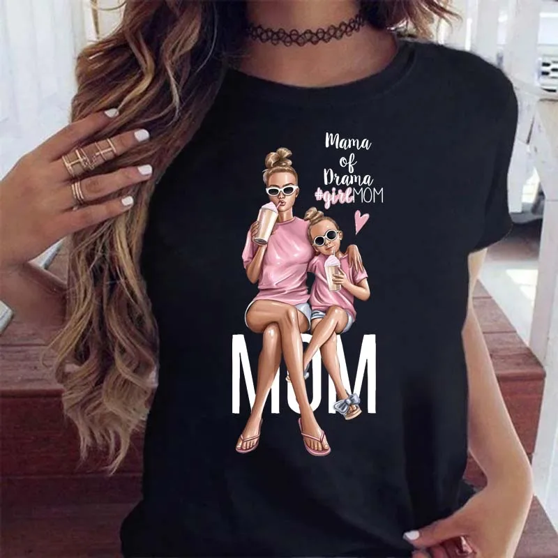 Maycaur Harajuku Women Cartoon Mom Girl Print Women T-shirts Top Women Kawaii Graphic Female O-Neck Mother\'s T Shirts Black Tee