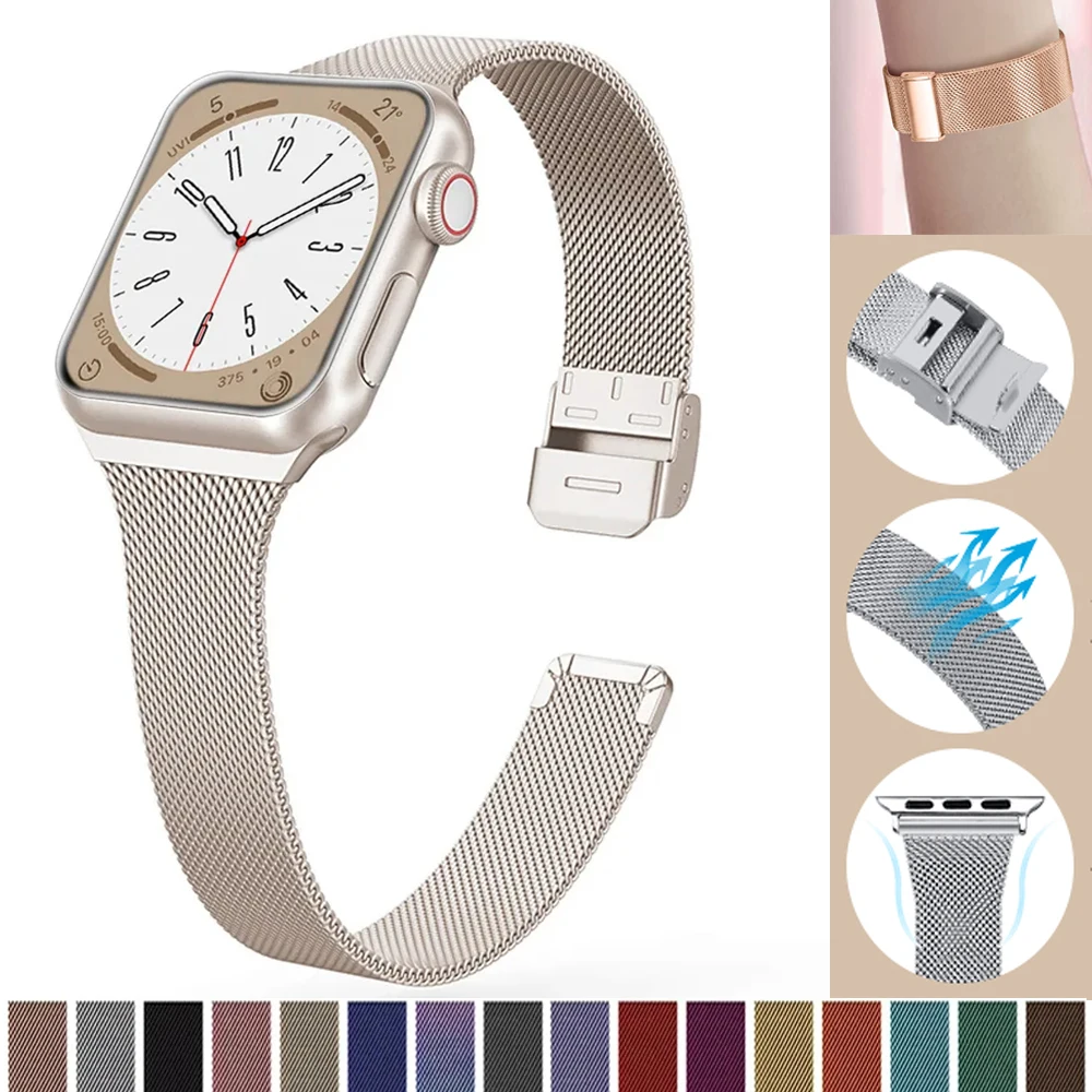

Ремешок «Миланская петля» тонкий для apple watch, спортивный браслет для iwatch series 8 7 6 SE 5 3 9, спортивный браслет, 45 мм 44 мм ultra2 49 мм 40 мм 41 мм 38/42 мм