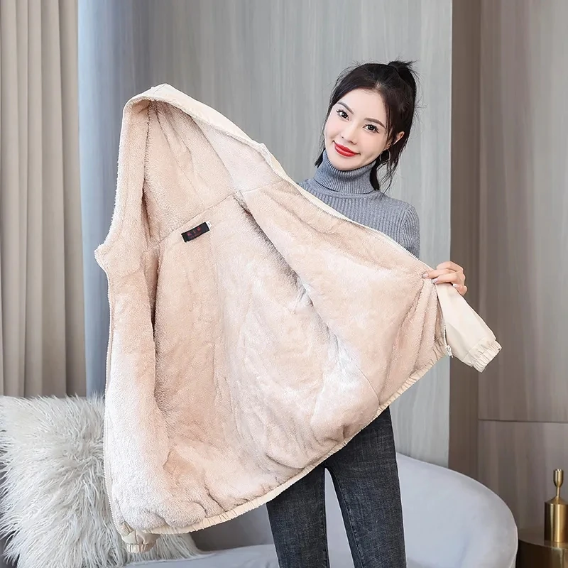 

Women Velvet Thick Winter Hooded Jacket Ladies Warm Waterproof Black Coat New Casual Fashion All-Match Short Jackets Female Pink