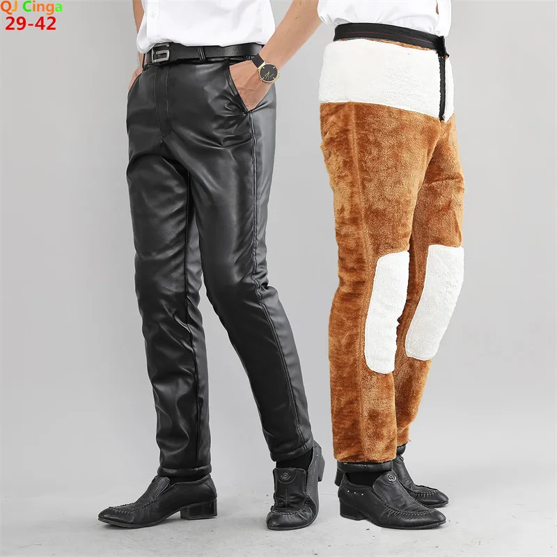 

Autumn / Winter New Men's High Waist Stretch Leather Pants Windproof Straight Biker PU Pants Fashion Plus Warm Leather Trousers
