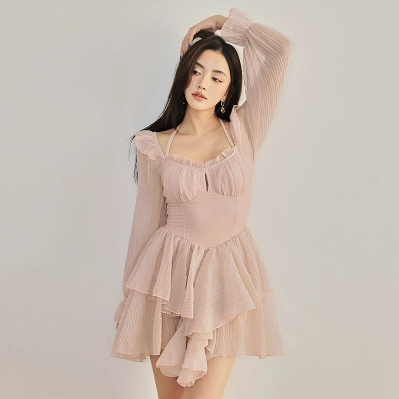 

Korean 2023 One-piece Retro Swimsuit Women Cover Belly Bubble Hot Spring Pink Long Sleeve Blouse Beach Girl Swimwear Ladies