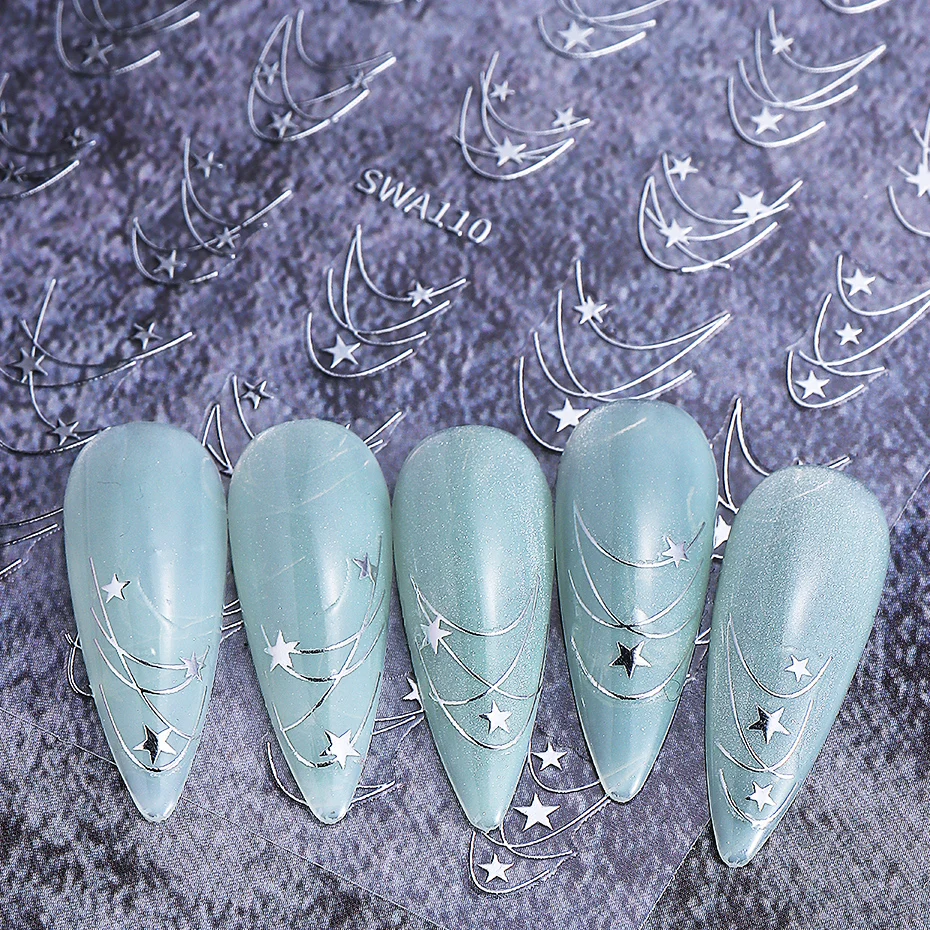 2pcs Metallic Star Line Nail Stickers Holographic Gold Silver Stripes French Line Nail Decals Sliders DIY Manicure Decoration