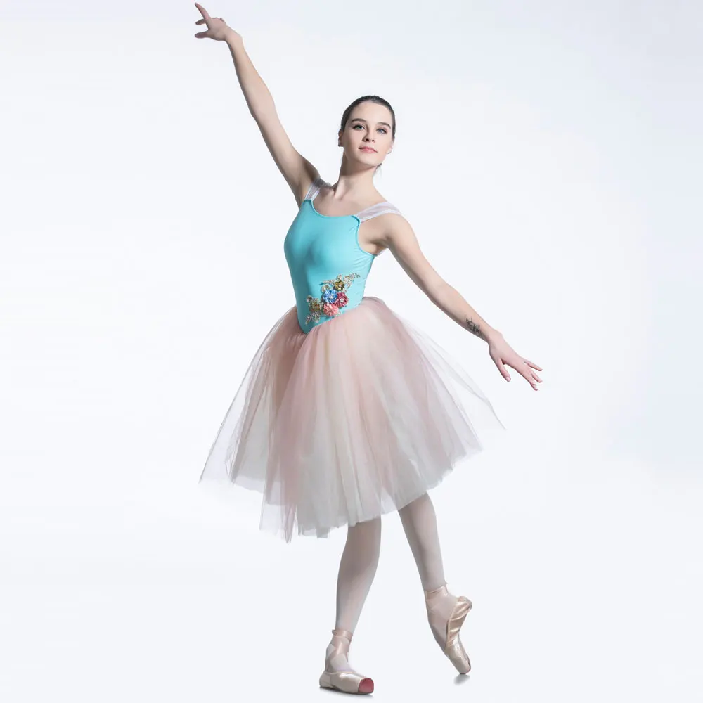 

19337 Light Blue Spandex Bodice With Pink Soft Tulle Romantic Long Ballet Tutu for Girl & Women Dancing Dress Ballerina Costume