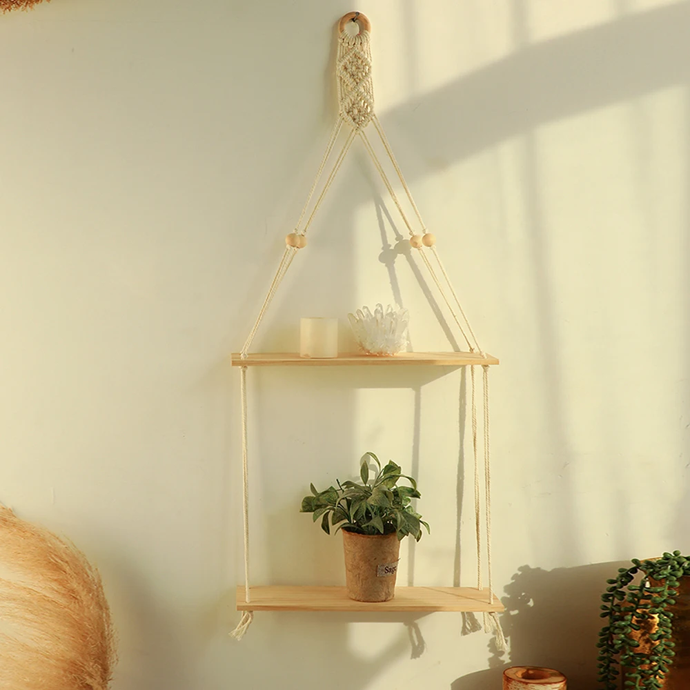Macrame Wall Hanging Shelf Boho Home Decor Shelves On Wall Wood Decoration for Bedroom Living Room Nursery Christamas Gift