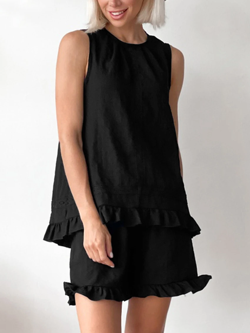 Mathaqiqi Summer Women'S Sleepwear Set O-Neck Pajamas Sleeveless Nightgowns Backless Nightie Shorts Casual Ladies Nightwear Suit