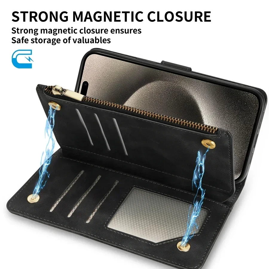 Versatile Multi-Card Zipper Wallet with Kickstand & Magnetic Closure – Leather Case