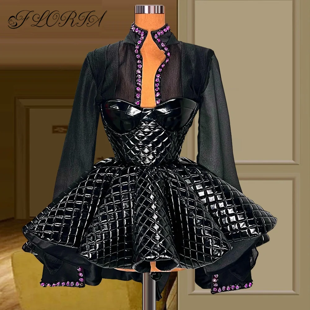Fashion Black Mini Cocktail Dress Long Sleeve Beaded Plaids Ball Gown Short Prom Dress Spring Red Carpet Runway Robe De Fiesta
