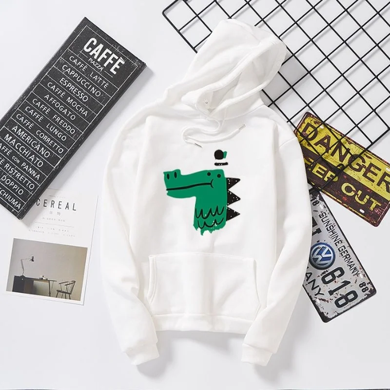 Kawaii Green Crocodile Print Hoodies Sweatshirts 2024 Women Simple Loose Casual Cute Pullover Couple Clothes Harajuku Streetwear