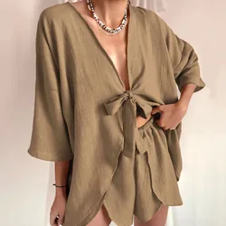 Simple Casual Solid Women's Two Piece Sets Fashion Loose Homewear Outfit Summer Sexy Deep V Lace Up Top with Shorts Pajama Suits