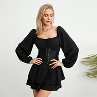 Women´s Spring Summer Loose Shorts Jumpsuit Solid Color Lantern Long Sleeve Square Neck Ruched Ruffled Playsuit - Image 6