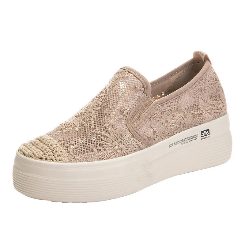 Retro Beige Vulcanize Shoes Women Shoes Summer New Ladies Breathable Mesh Casual Shoes Fisherman Shoes Girls Slip on Loafers