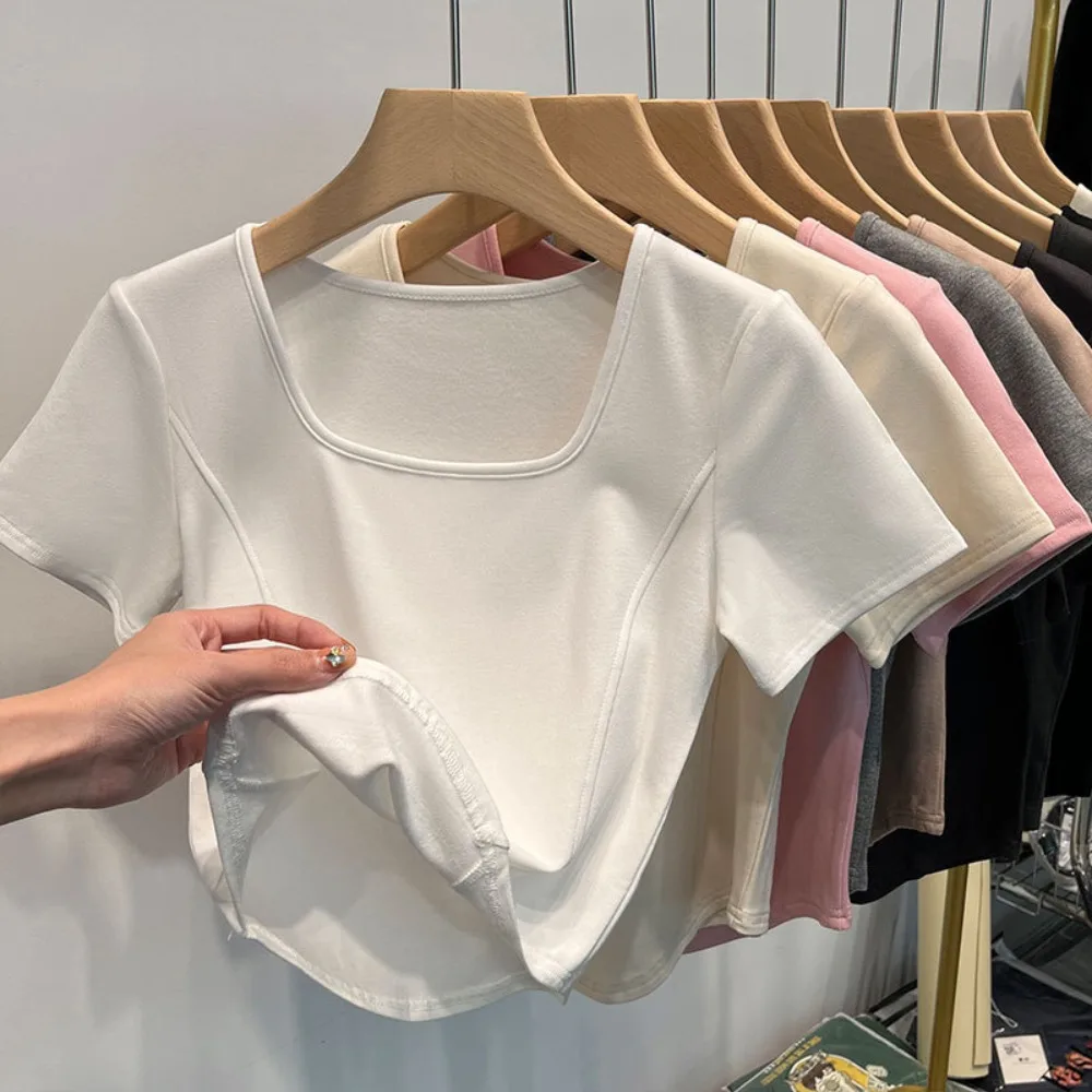 Fashion Summer Square Neck T-shirt Sweet Simplicity Slim Top Casual Trendy Short Top Female 2