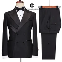 Cenne Des Graoom 2024 New Elegant Tuxedo Suits for Men Double Breasted Black Satin Collar Jacket Pant 2Pcs Set Wedding Evening 1
