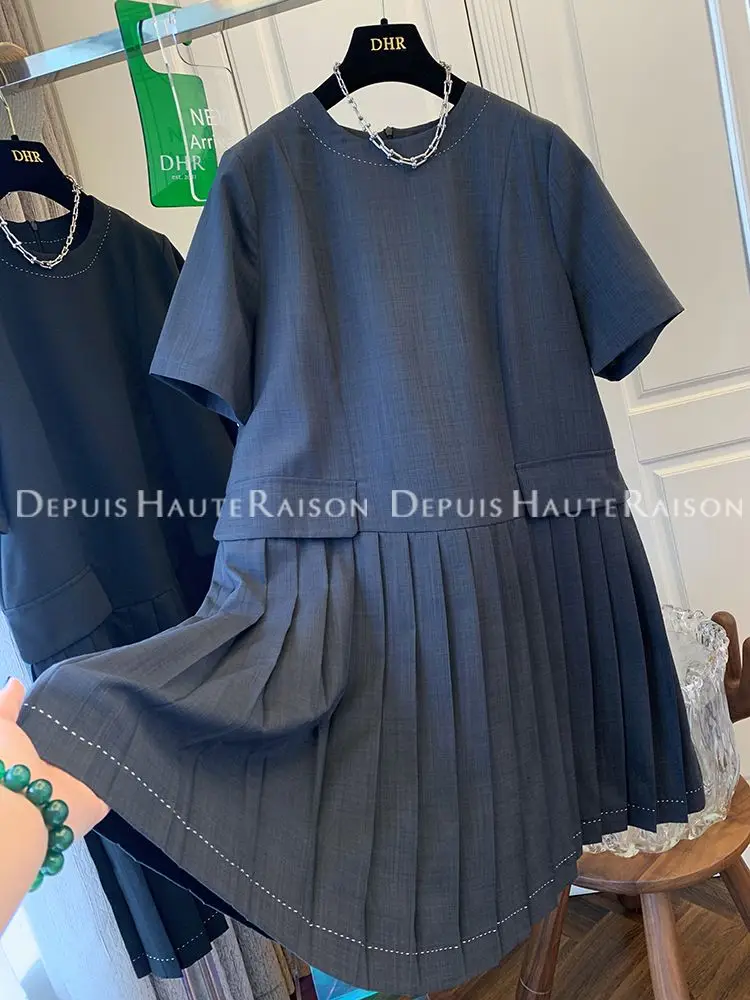 

2024 Women Summer New French O-neck Pleated Dress Female Short Sleeve Loose Vestidos Ladies Solid Color Short Dresses M188