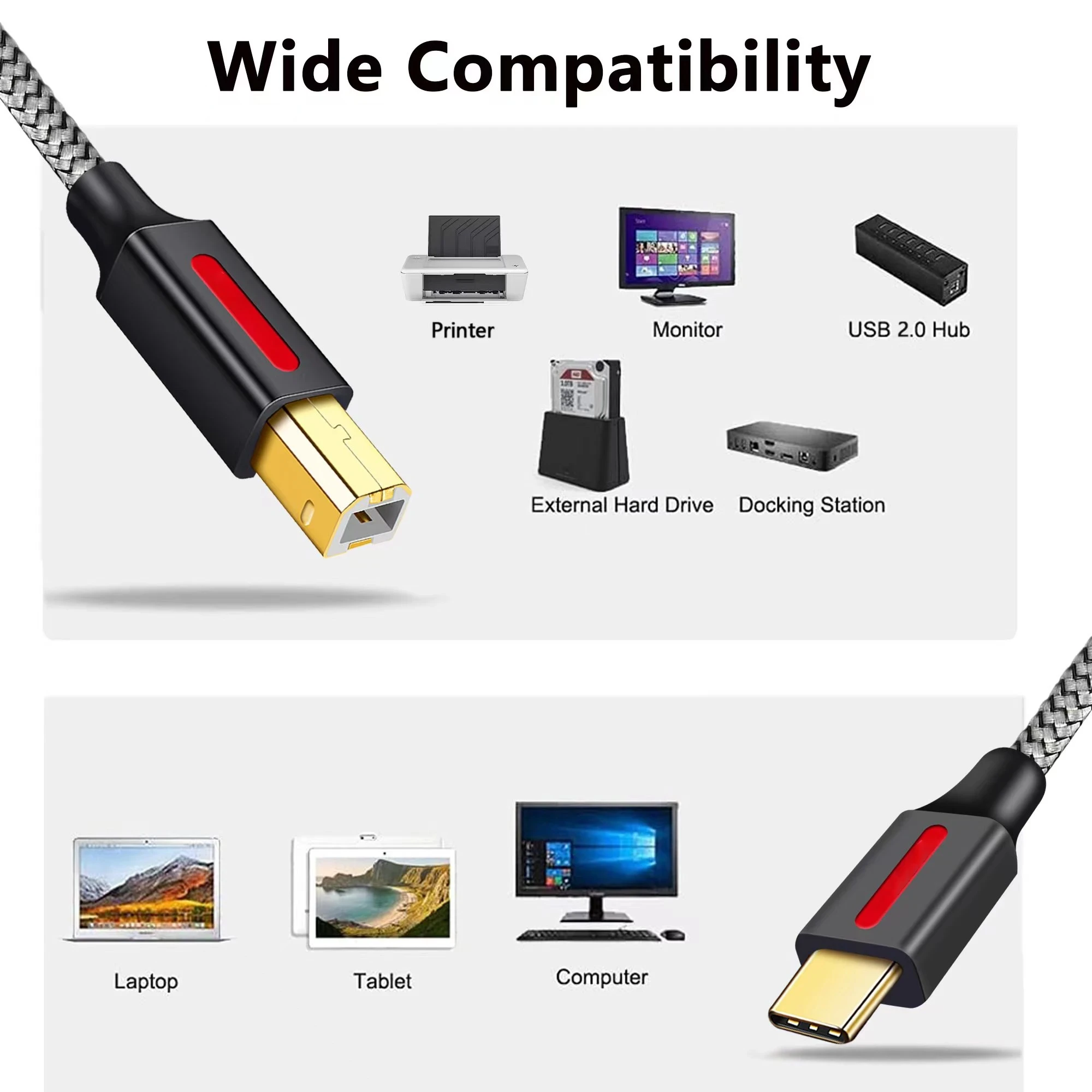 USB C에서 USB B 2.0 프린터 케이블 편조 프린터 스캐너 코드, 캐논 엡손 HP 삼성 프린터 코드 스캐너 USB 프린터 케이블