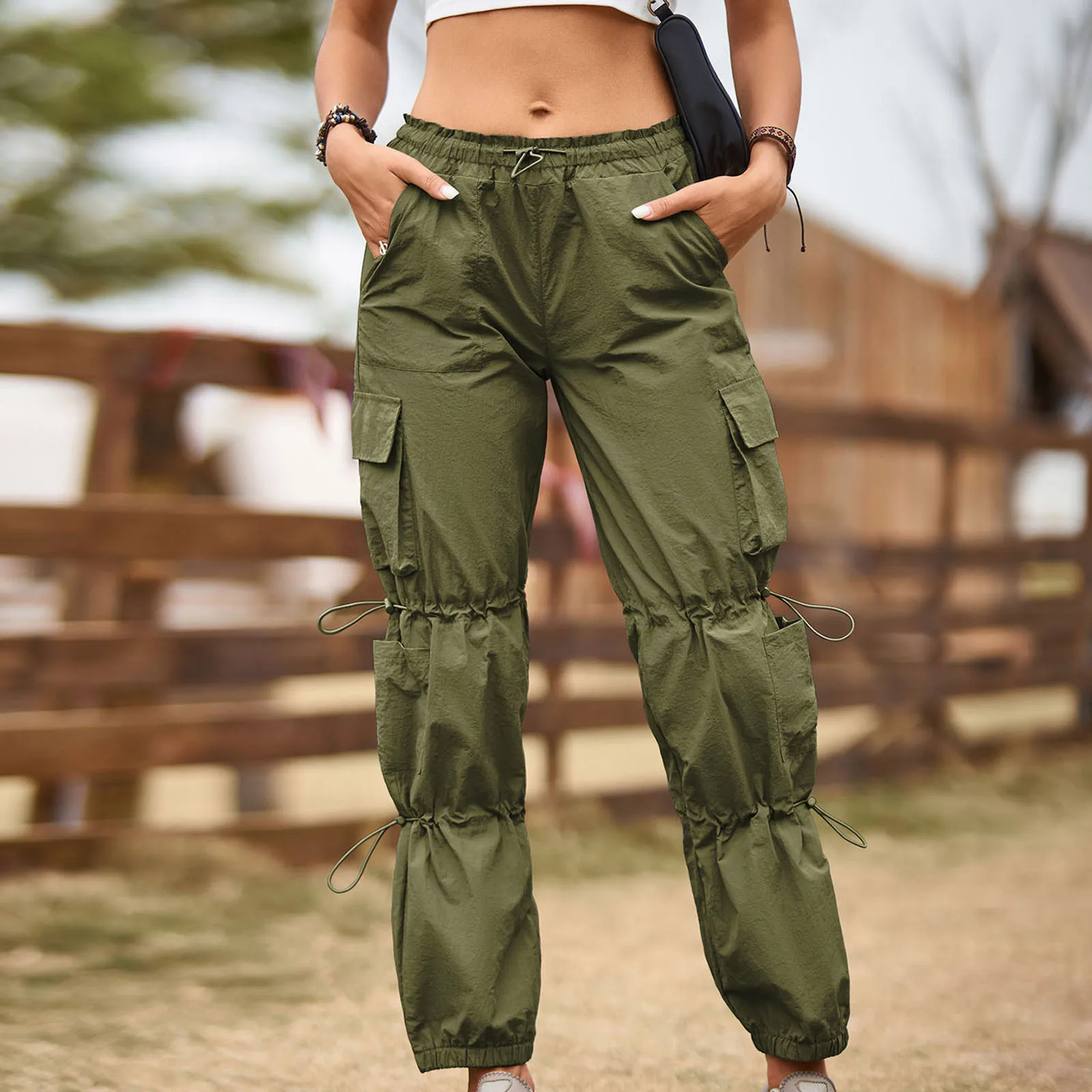Pantaloni Cargo Paracadute Da Donna Y2K – Vita Bassa, Gamba Larga, Tessuto Nylon Leggero, Con Coulisse E Tasche, Stile Anni '90