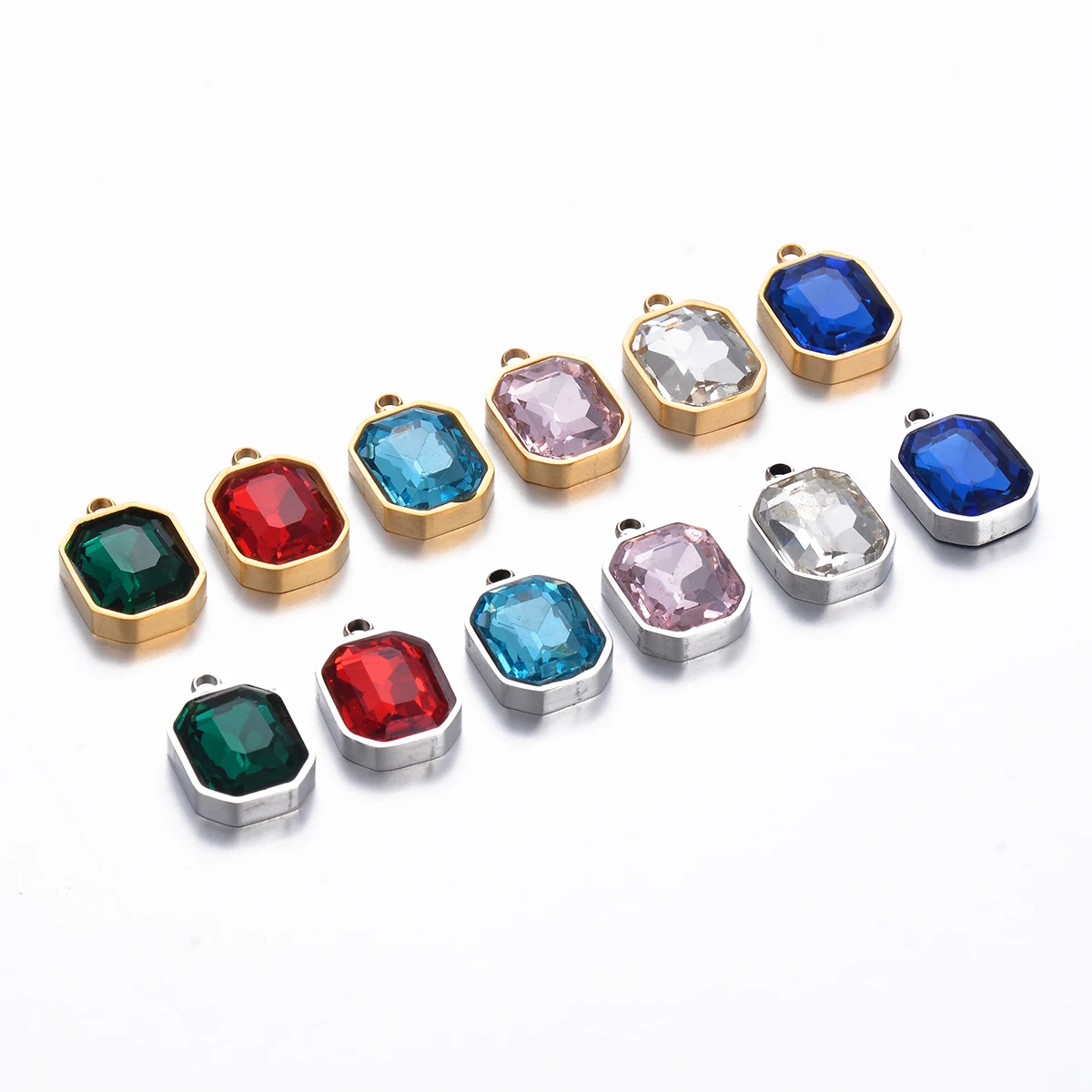10pcs Multicolour Square Glass Charms Stainless Steel Pendant Gold Color for DIY Making Necklace Earrings Accessories Wholesale