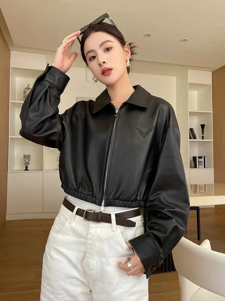 

Waist High Cropped Genuine Leather Jacket for Women 2024 Trend High-end Simple Slim Zipper Black Real Sheepskin Coat