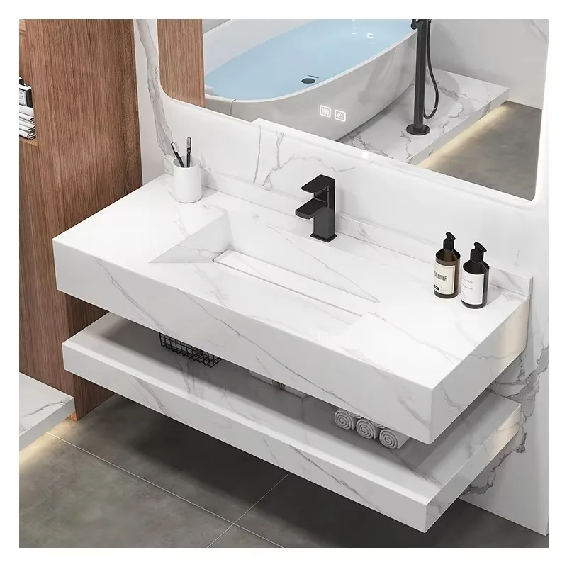 ตู้ห้องน้ำหรูหราทันสมัยขนาด 24 นิ้ว พร้อมกระจก LED อัจฉริยะ อ่างล้างหน้าแบบแขวนผนัง ชุดตู้อ่างล้างหน้าทรงสี่เหลี่ยม 1