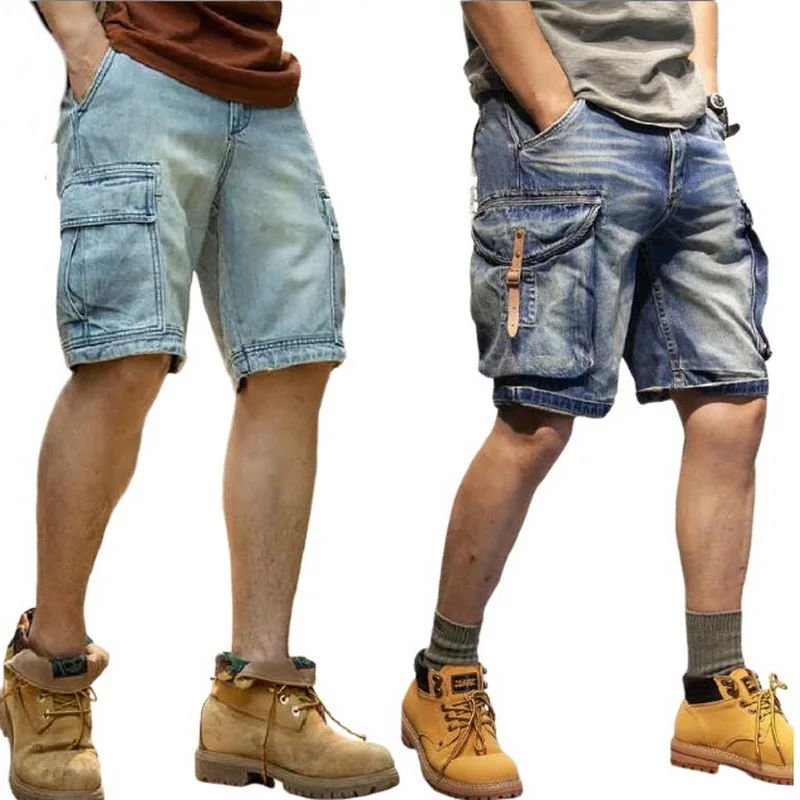 Summer Men's Loose Straight Leg Denim Shorts Multiple Pockets Outdoor Knee Length Jean Shorts