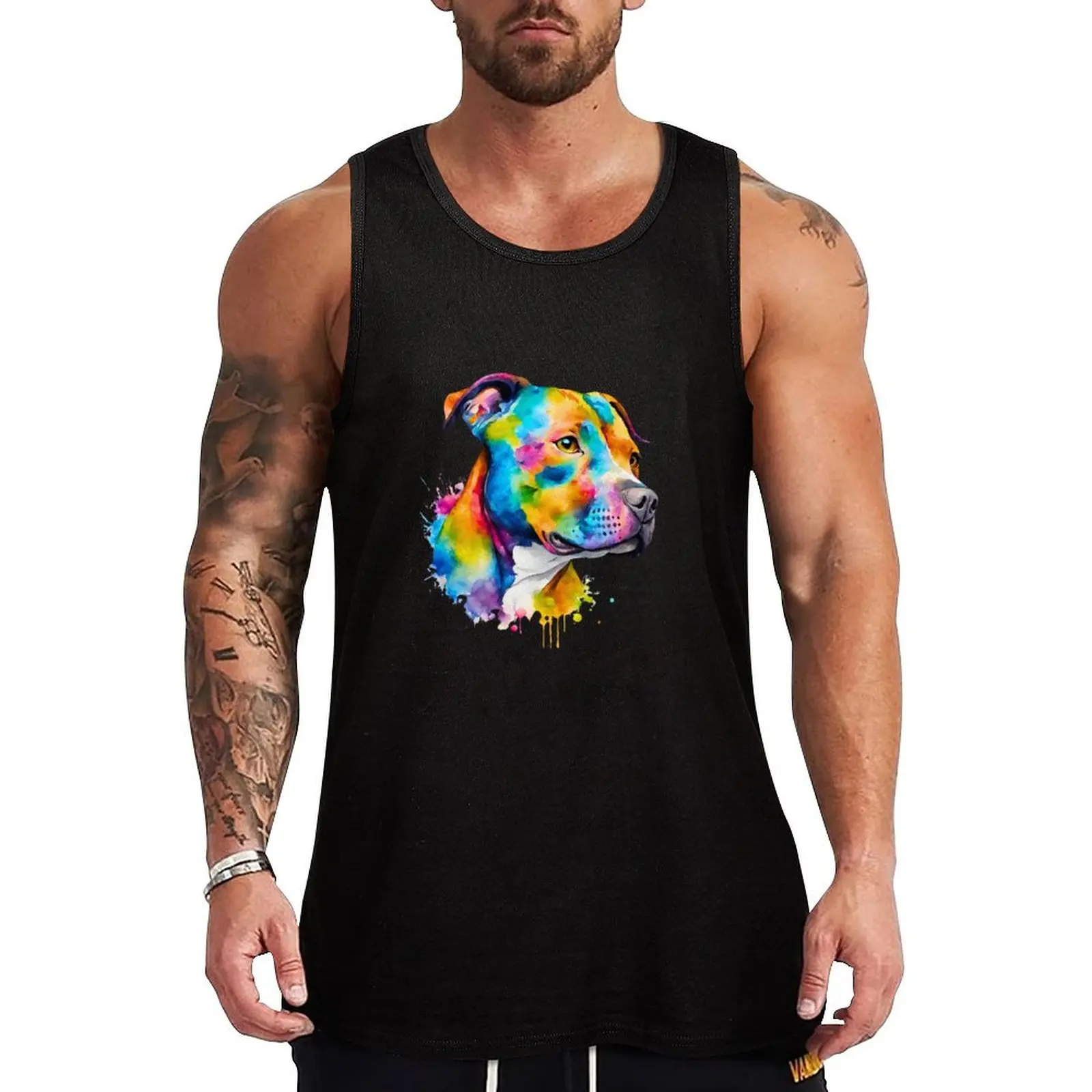 Pitbull Terrier Watercolor Portrait Tank Top cotton t-shirts man gym Men's t-shirts man vest
