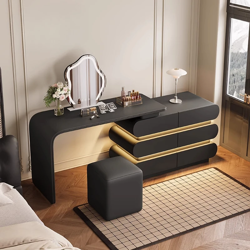 dressing table design black Humply Modern Black Makeup Vanity Set PU Leather Dressing Table with Stool  & LED Mirror