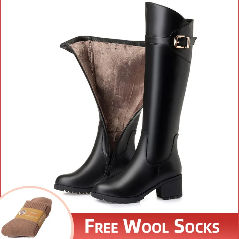 

2023 Women High Boots Genuine Leather Buckle Design High-heel Fashion Women Riding Boots Large Size Round Toe Knight Boots Women