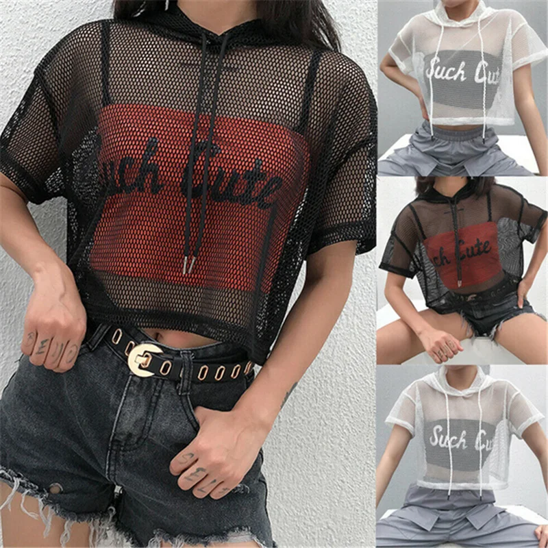 

Short Sleeve T Shirt Women See Through Mesh Tops Hooded Hollow Out Sexy Punk Rock Short Crop Top White T-Shirt Fishnet Black