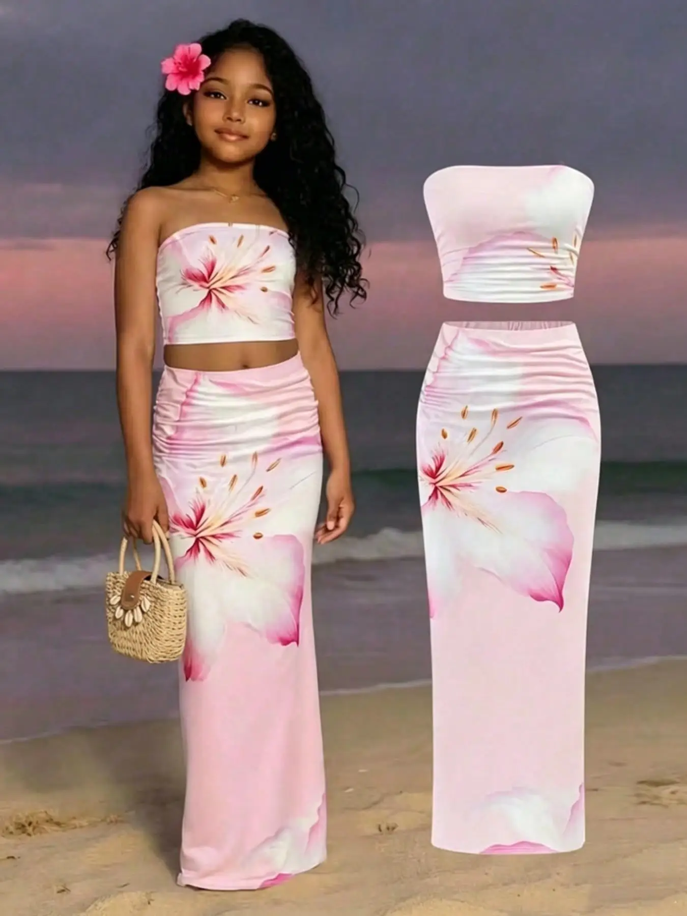 Girls' 2-Piece Set, Gradient Hibiscus Print Crop Top & Pleated Skirt, Cute Tropical Style, Breathable Fabric, Beach