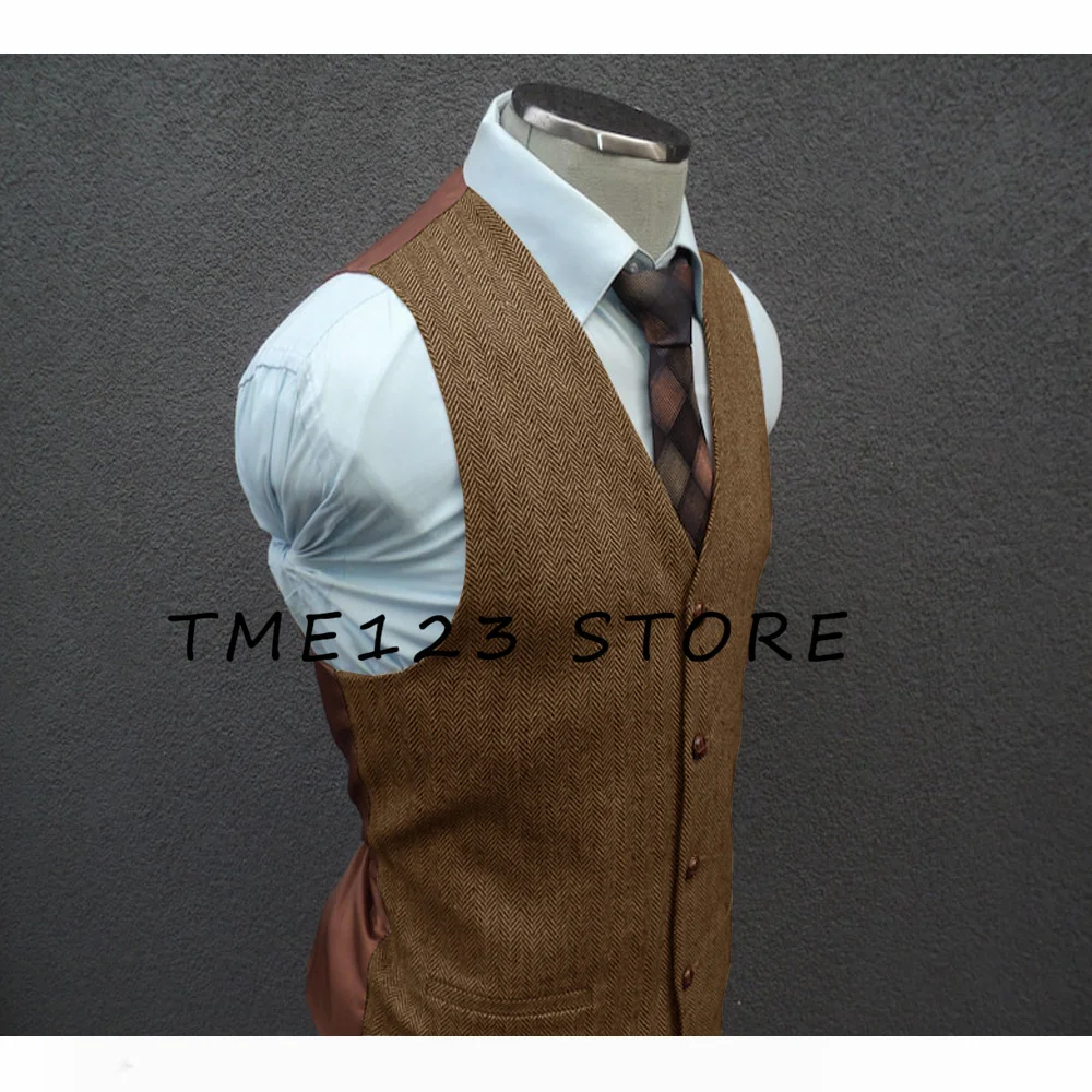 Men's Herringbone Vest V-neck Single-breasted Business Fashion Party Vest Luxury Men's Clothing Suit Male Steampunk Cufflinks