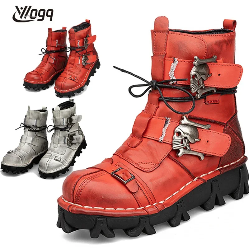 

Men's Vintage Genuine Leather Motorcycle Boots Mid-Calf Punk Skull Boots Military Combat Boots Male Platform Boots Goth Basic