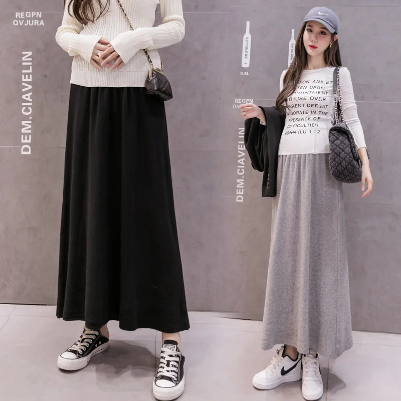 5568# Autumn Winter Knitted Maternity Long Skirts Elastic Waist Belly A Line Swing Clothes for Pregnant Women Loose Pregnancy
