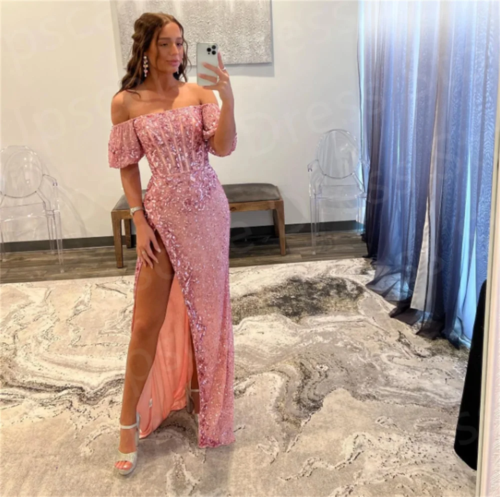 

Sweetheart Pink Split Prom Dresses Off Shoulder Sequins Party Evening Dress Bone Bodice Backless Long فساتين للحفلات الراقصة