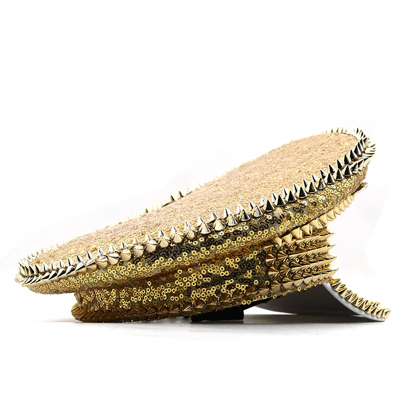 Women Men Steampunk Military Hat With Gold Rivet Queen Sequin Burning Captain Sergeant Hat Rave Festival Bachelorette Part Sailor Hat Women Hats Women Military Hat Mens Hat