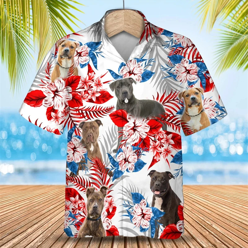 Camisa hawaiana de oferta de verano para hombre, camisa de anime con perro pitbull en 3D para hombre, ropa de playa de gran tamaño y divertida para hombre, moda de manga corta
