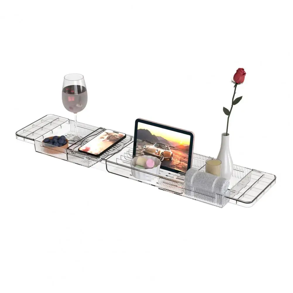 Bathtub Caddy Tray Adjustable Retractable Large Capacity Transparent Anti-slip Tub Storage Rack Clear Acrylic Bathtub Shelf 5