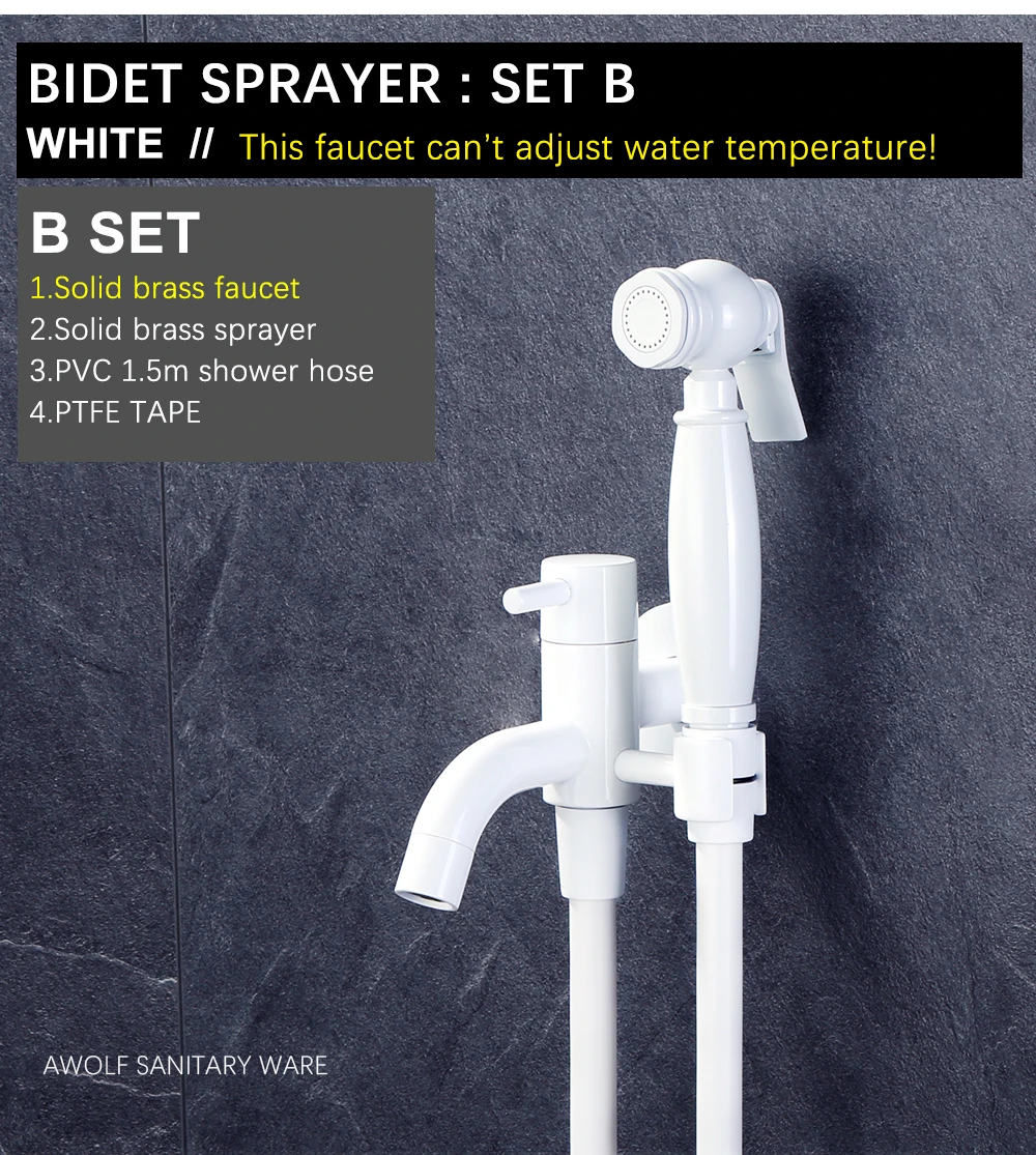 Description Picture 5 of itemAwolf White Bidet Faucet Handheld Toilet Bidet Sprayer Set Solid Brass Filling Valve Shattaf Douche Kit Toilet Washer Tap AP2300